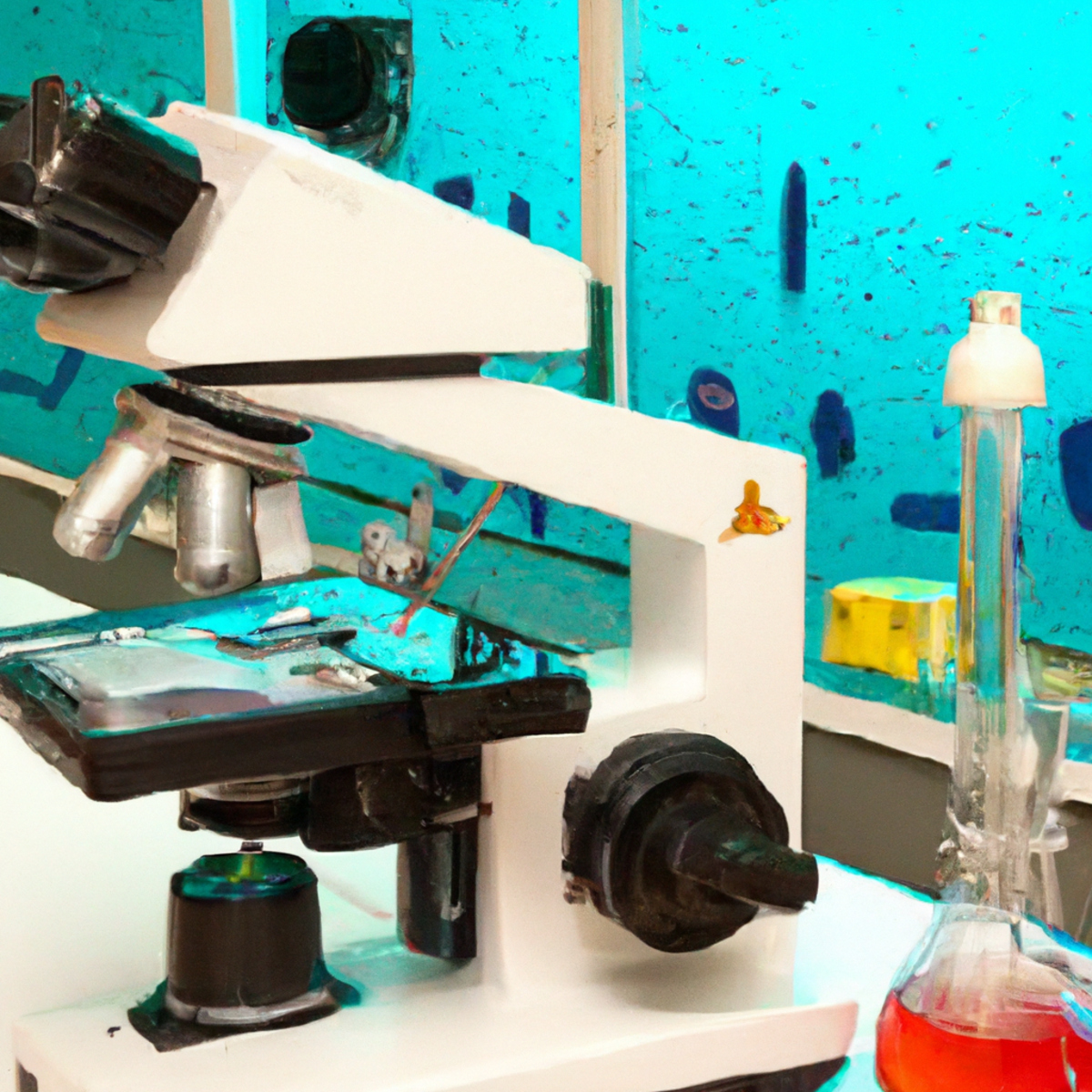 Lab bench with microscope, glassware, and bright lights, emphasizing precision in studying Creutzfeldt-Jakob Disease and prion proteins.