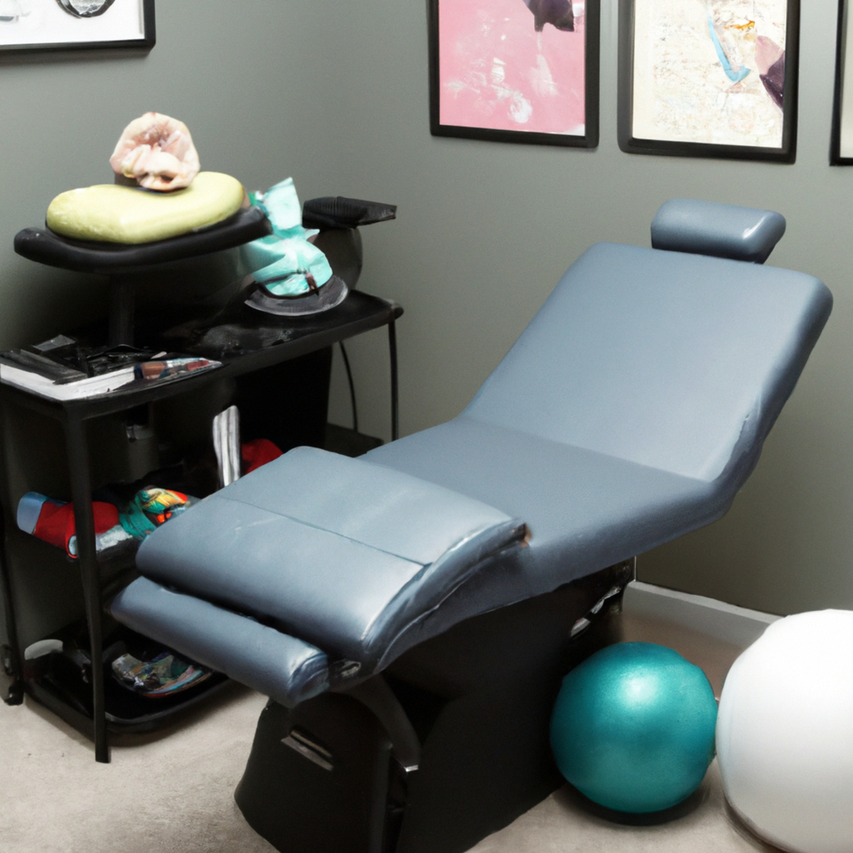 A serene therapy room with a cozy chair, sensory toys, calming mural, and therapeutic books for Floating-Harbor Syndrome.