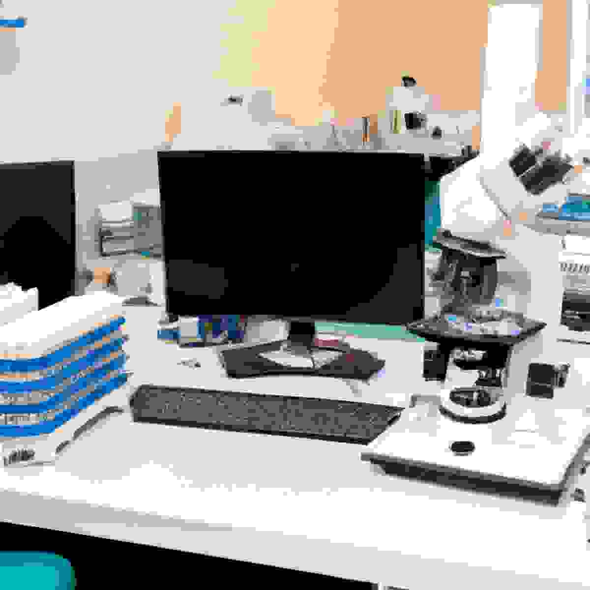 Medical lab workstation with microscope, centrifuge, computer screen displaying liver scan results, and various diagnostic tools - Congenital Hepatic Fibrosis