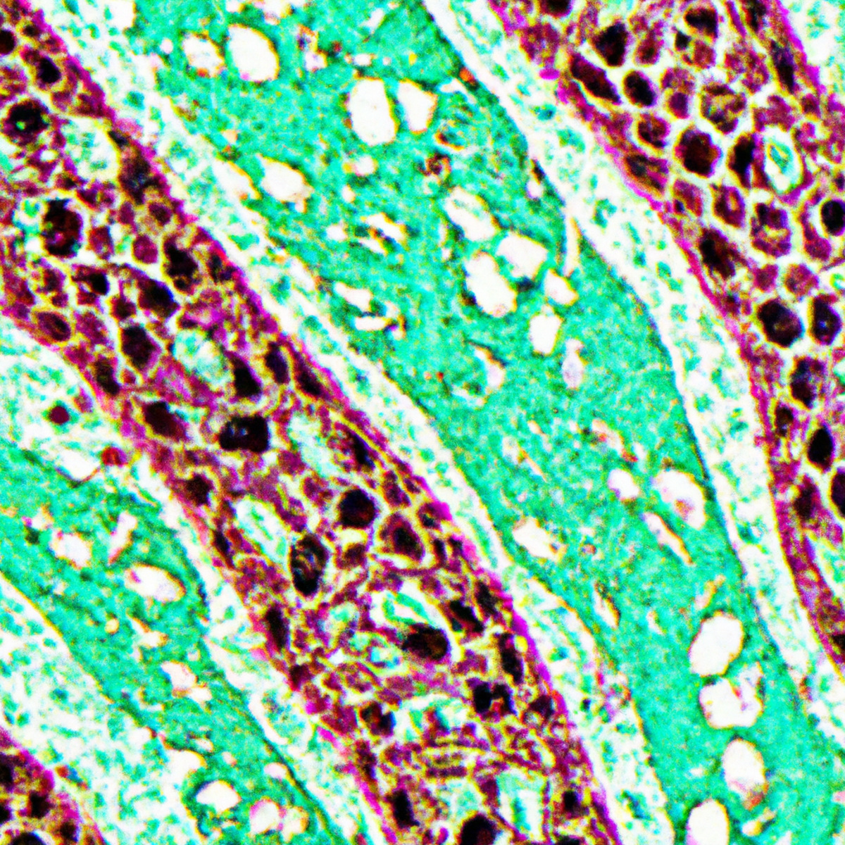 Close-up microscope slide of LAM in men, revealing intricate cellular structures and vibrant branching vessels.