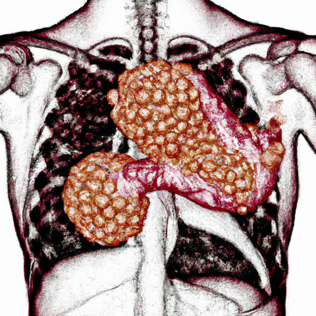 Close-up of human lung with pink and gray alveoli, depicting proteinaceous material accumulation in Pulmonary Alveolar Proteinosis (PAP).
