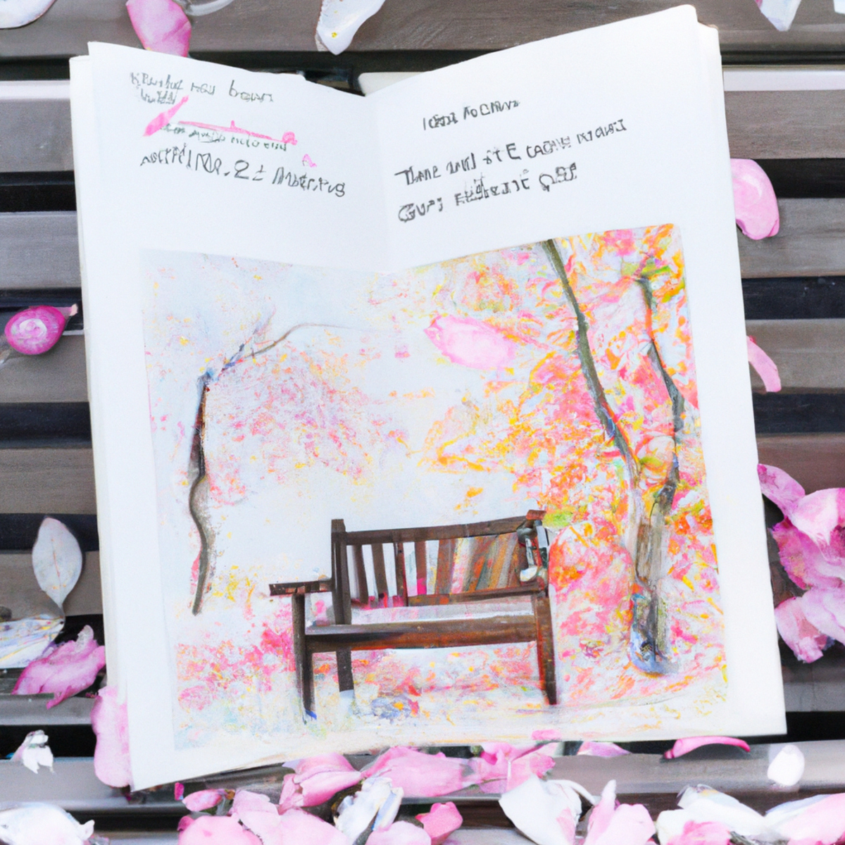 Serene park bench under cherry blossom tree with falling petals, open journal, steaming tea - symbolizing broken heart syndrome - Takotsubo Cardiomyopathy (Broken Heart Syndrome)