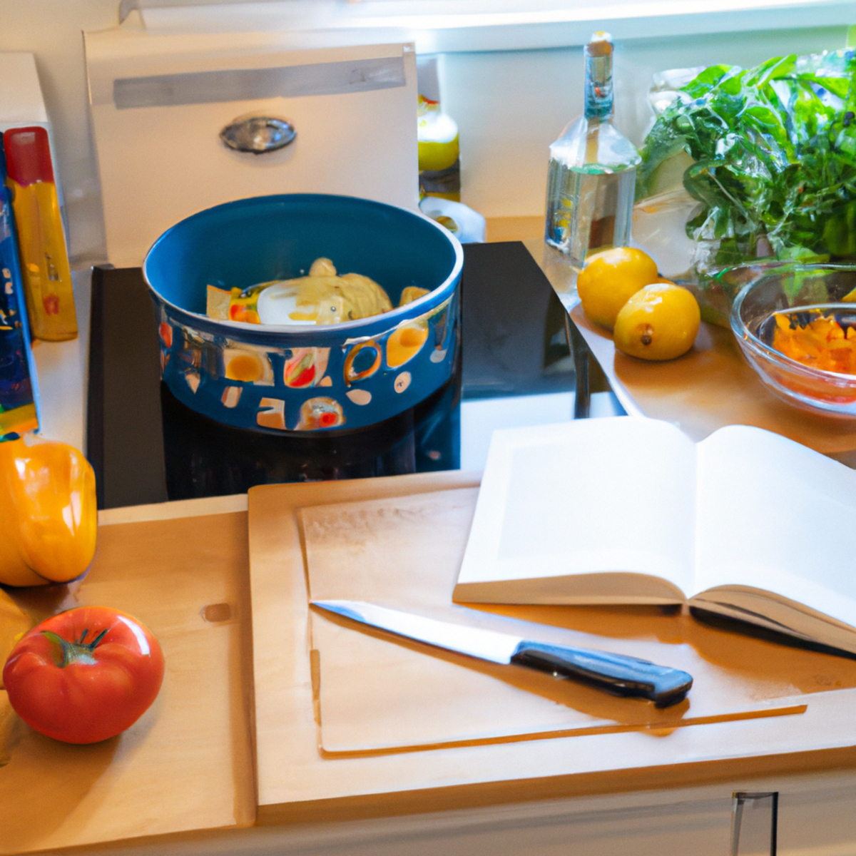 Well-organized kitchen countertop with cooking utensils, ingredients, chopped vegetables, simmering pot, open cookbook, and timer-Congenital Insensitivity to Pain with Anhidrosis (CIPA)