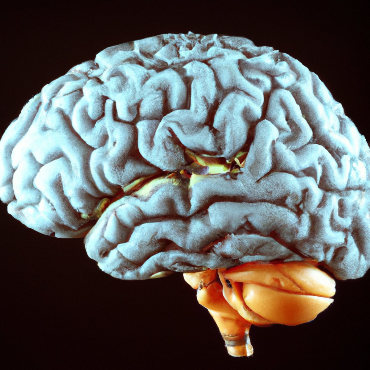 Close-up of lifelike brain model, highlighting intricate details and emphasizing complexity of Alexander Disease.