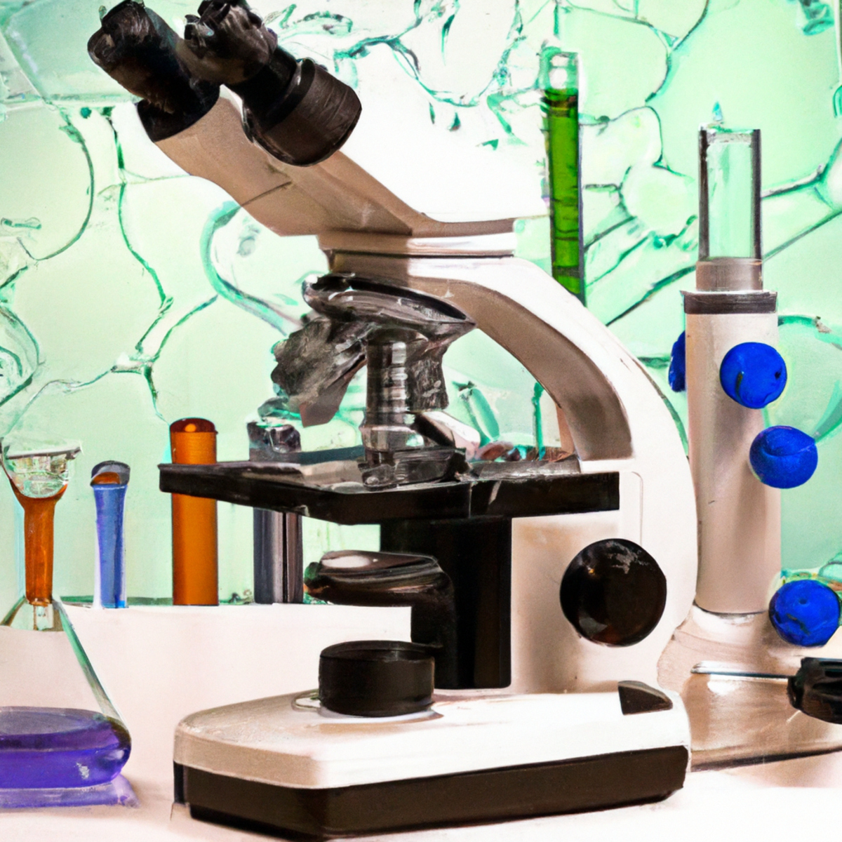 Scientific lab scene with equipment and microscope slide revealing cellular structures, representing debunking Fabry Disease myths.