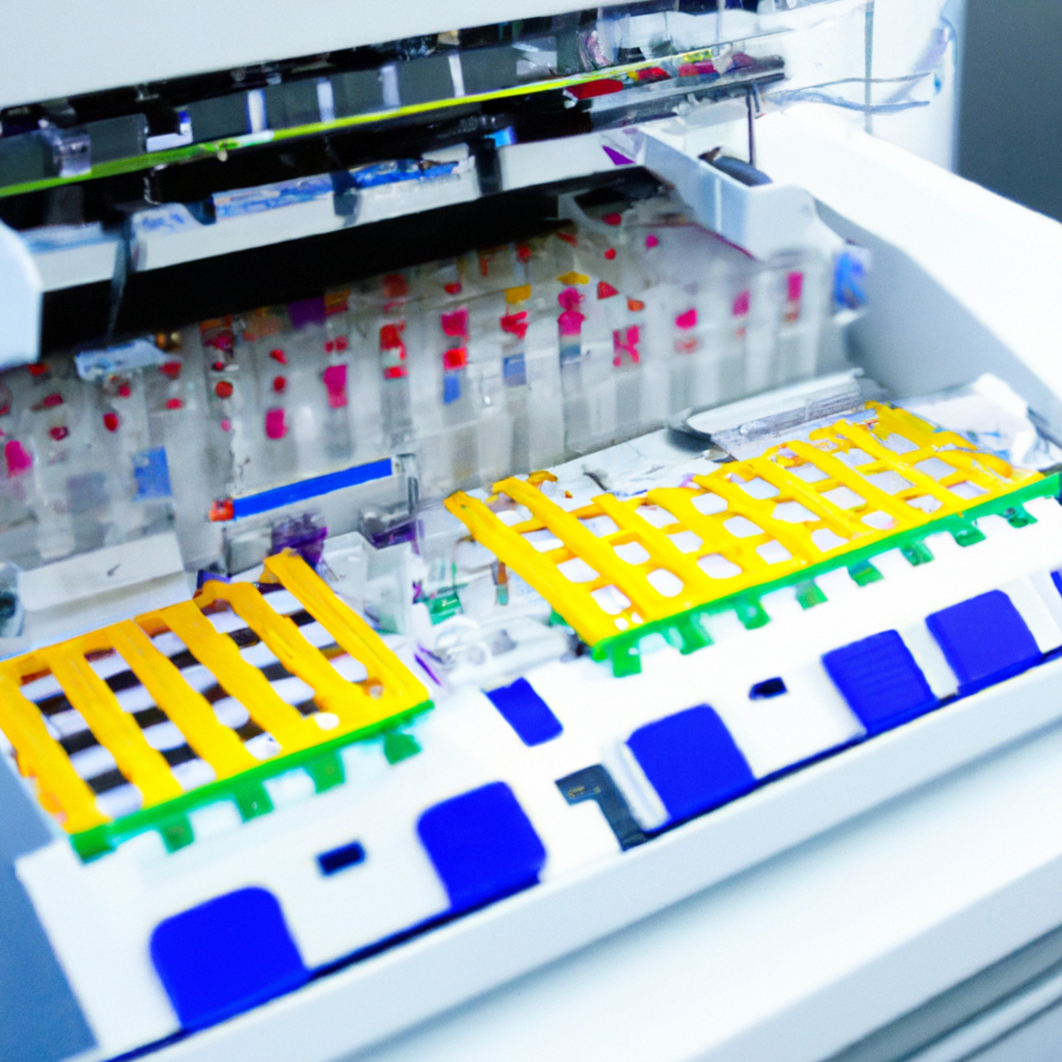 Close-up of state-of-the-art genetic sequencing machine in a sleek design, surrounded by labeled test tubes and vials - Hemochromatosis