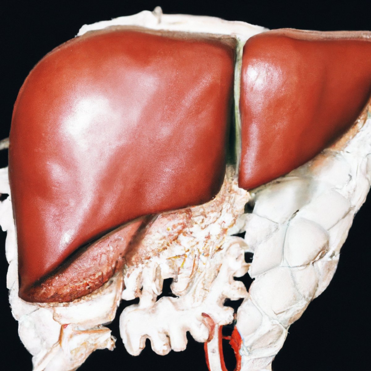 Close-up photo of a detailed liver model, showcasing lobes, blood vessels, and structure. Realistic representation - Hemochromatosis 