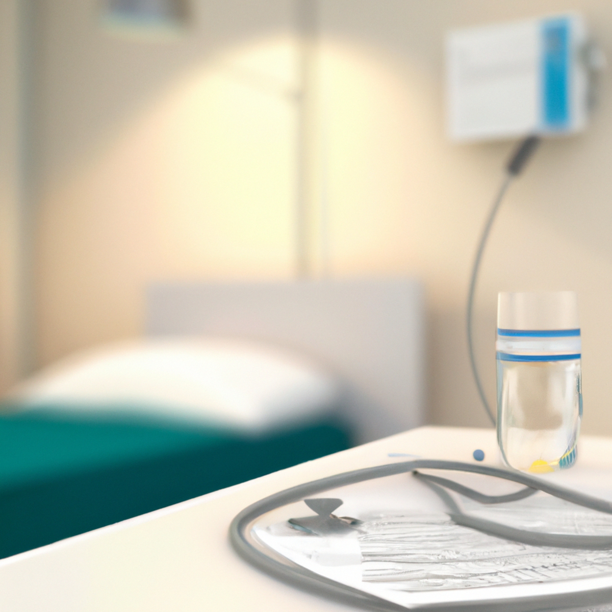 Symbolic hospital room scene with stethoscope, notepad, and medical equipment, representing diagnosis and treatment of Rasmussen's Encephalitis.