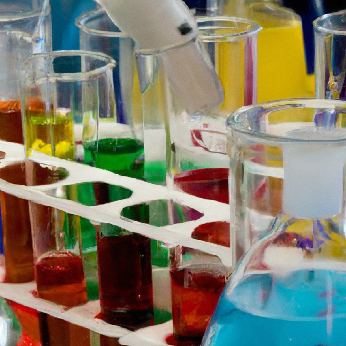 Close-up of laboratory setting with test tubes, beakers, and scientific equipment showcasing vibrant liquids -Tyrosinemia