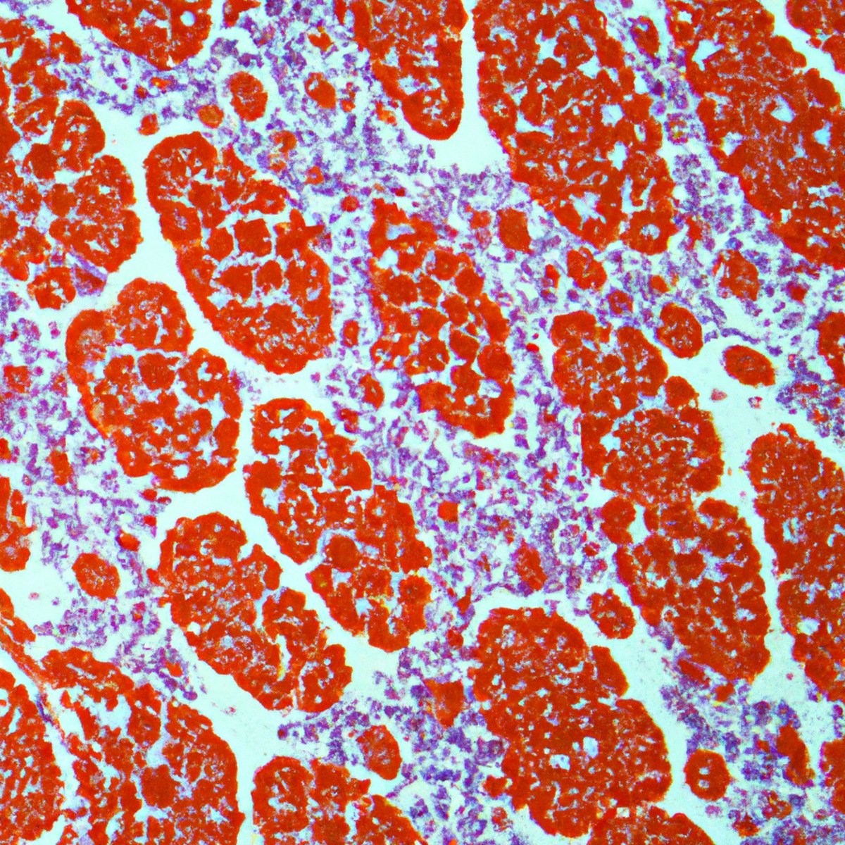 Close-up of stained kidney tissue samples showing intricate glomeruli structures and C3 deposits, revealing genetic mutations in Dense Deposit Disease.