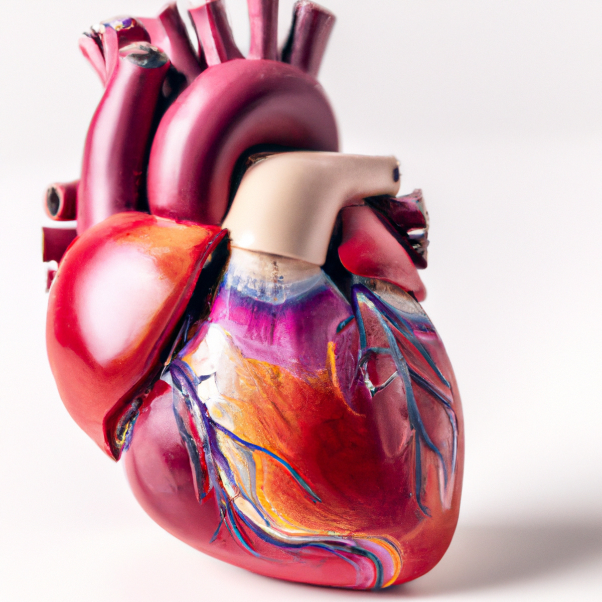 Close-up of vibrant, lifelike heart model symbolizing Takotsubo Cardiomyopathy (Broken Heart Syndrome), surrounded by medical instruments, evoking curiosity and exploration.