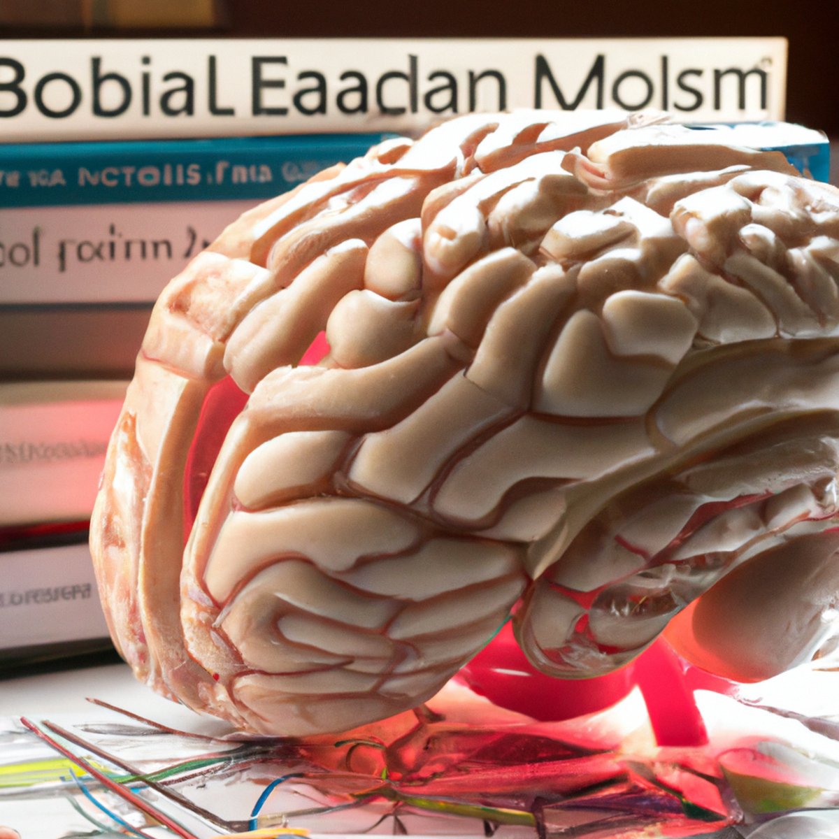Close-up of intricate brain model on modern desk, surrounded by medical texts, symbolizing scientific understanding of CADASIL.