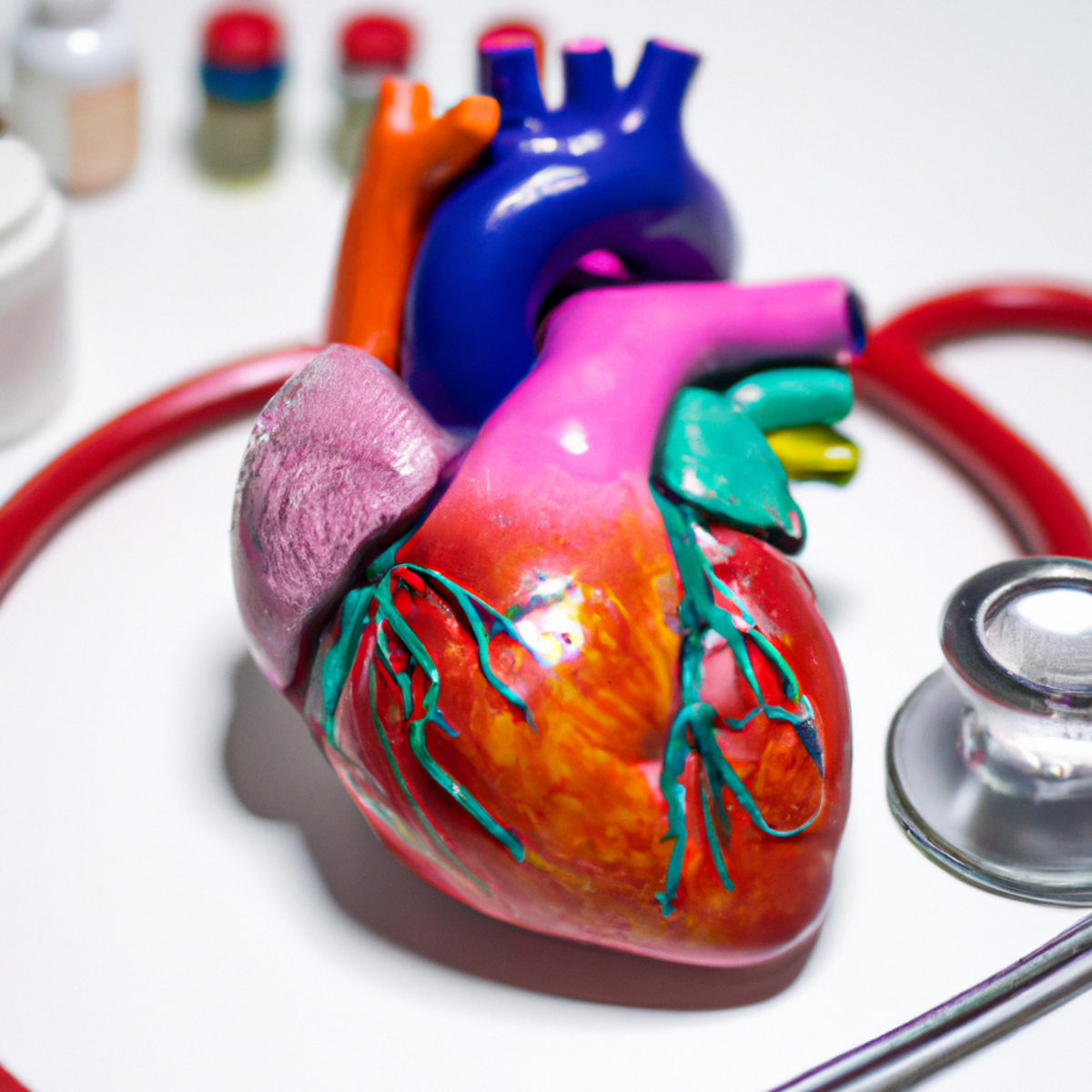 Vibrantly colored heart model on white background surrounded by medical equipment, representing Fabry Disease.