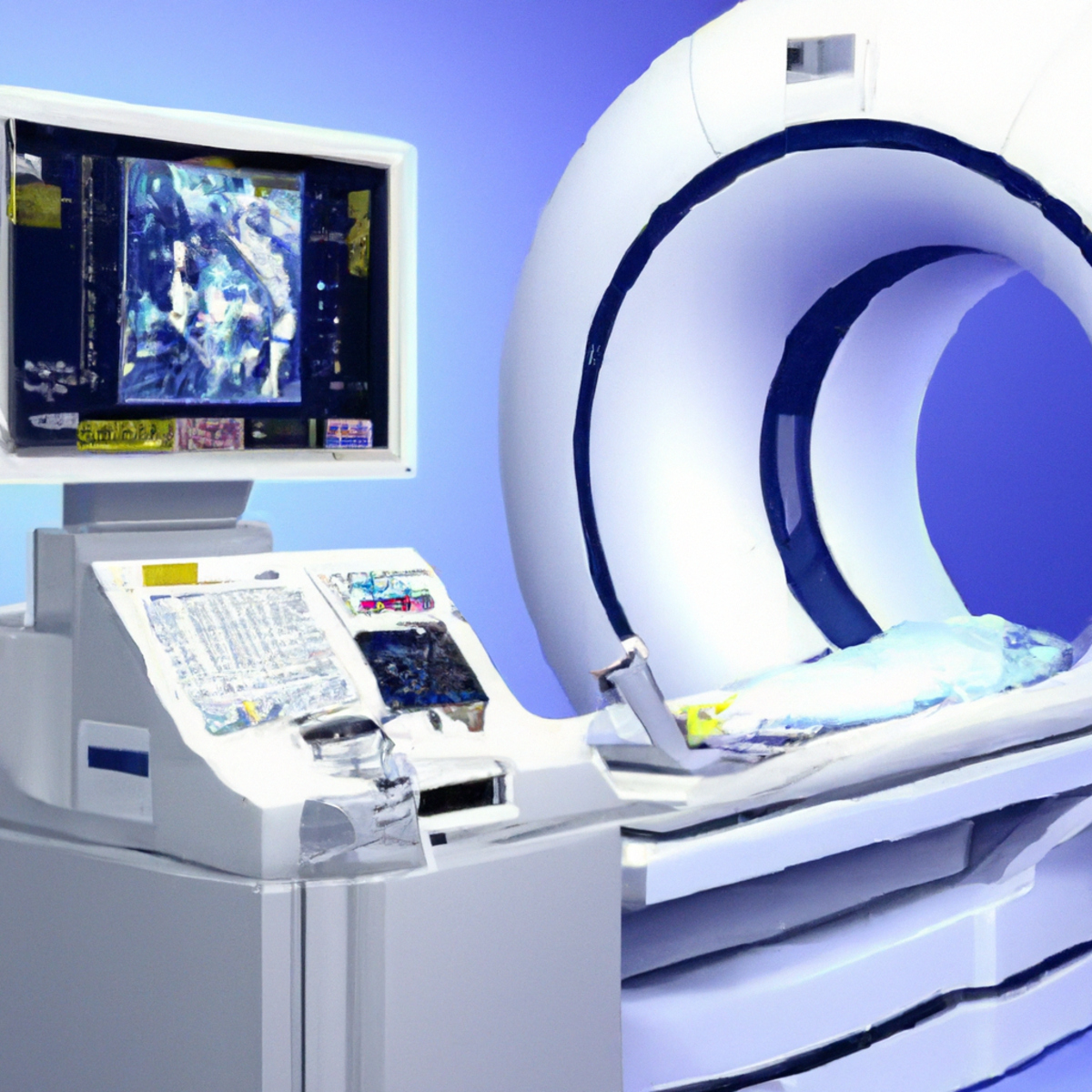 Cutting-edge medical imaging machine surrounded by diagnostic tools, displaying detailed pancreas images. Emphasizes advancements in autoimmune pancreatitis diagnosis.