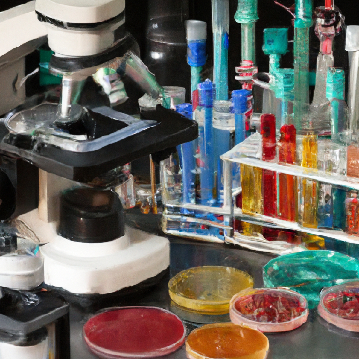 Scientific lab with equipment, test tubes, microscopes, petri dishes, literature, medical journals, and genetic diagrams for Niemann-Pick Disease research.