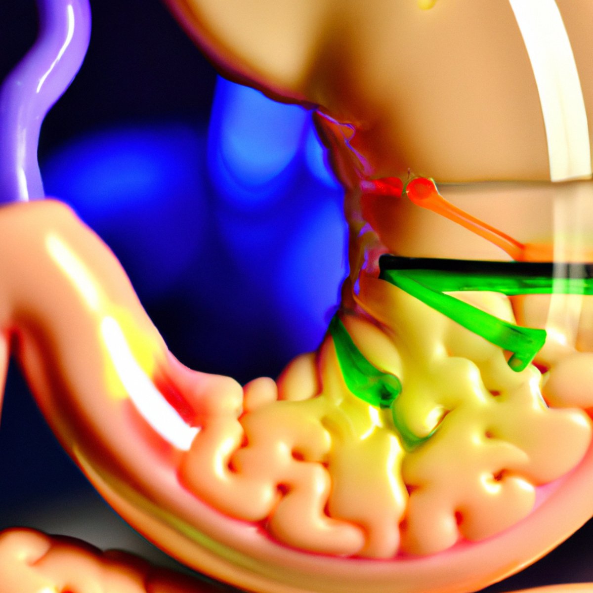 Close-up of human stomach model showcasing abnormal growth of gastric acid-producing cells, surrounded by medical equipment - Zollinger-Ellison syndrome
