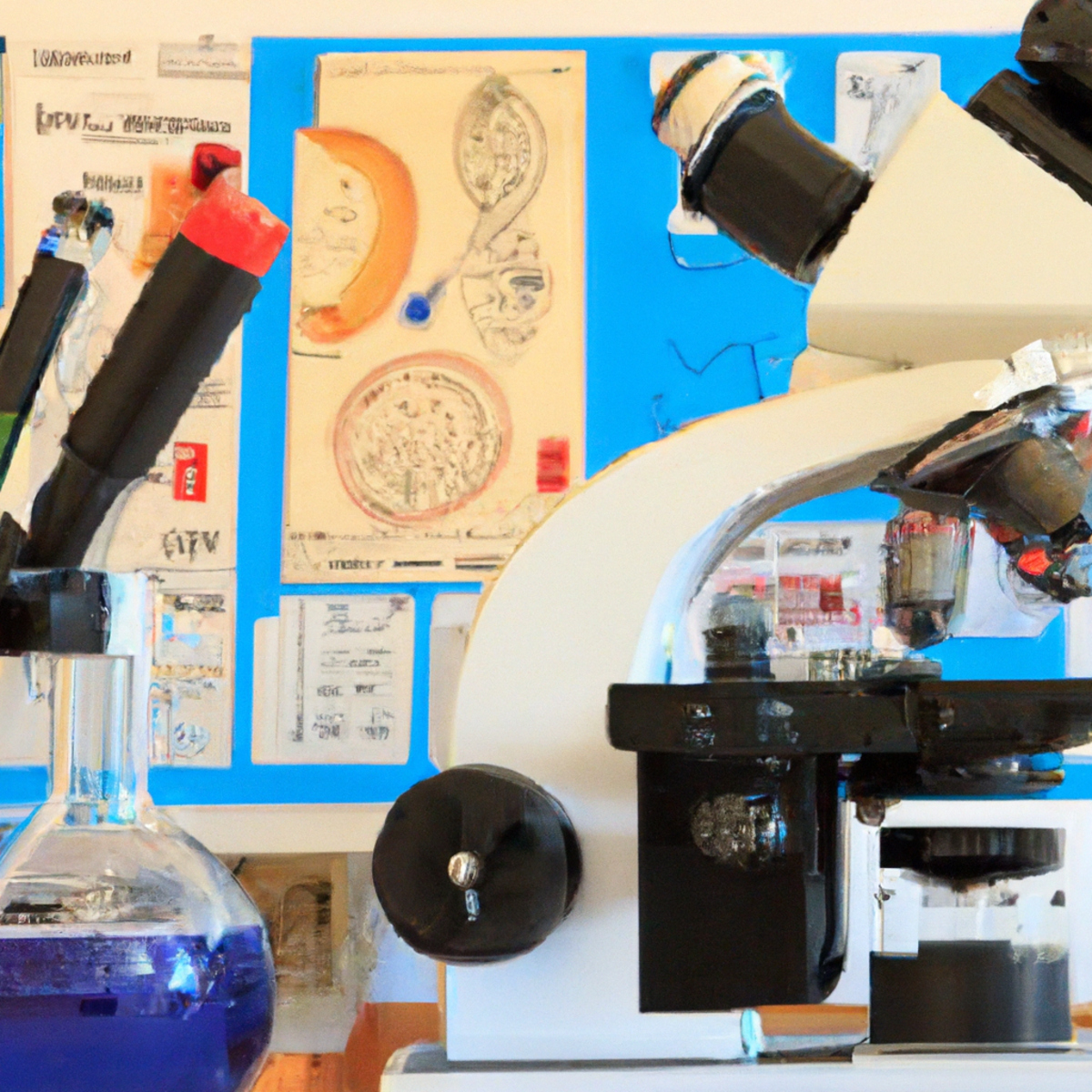 Scientific lab with instruments, test tubes, and microscopes, symbolizing research on Niemann-Pick Disease.