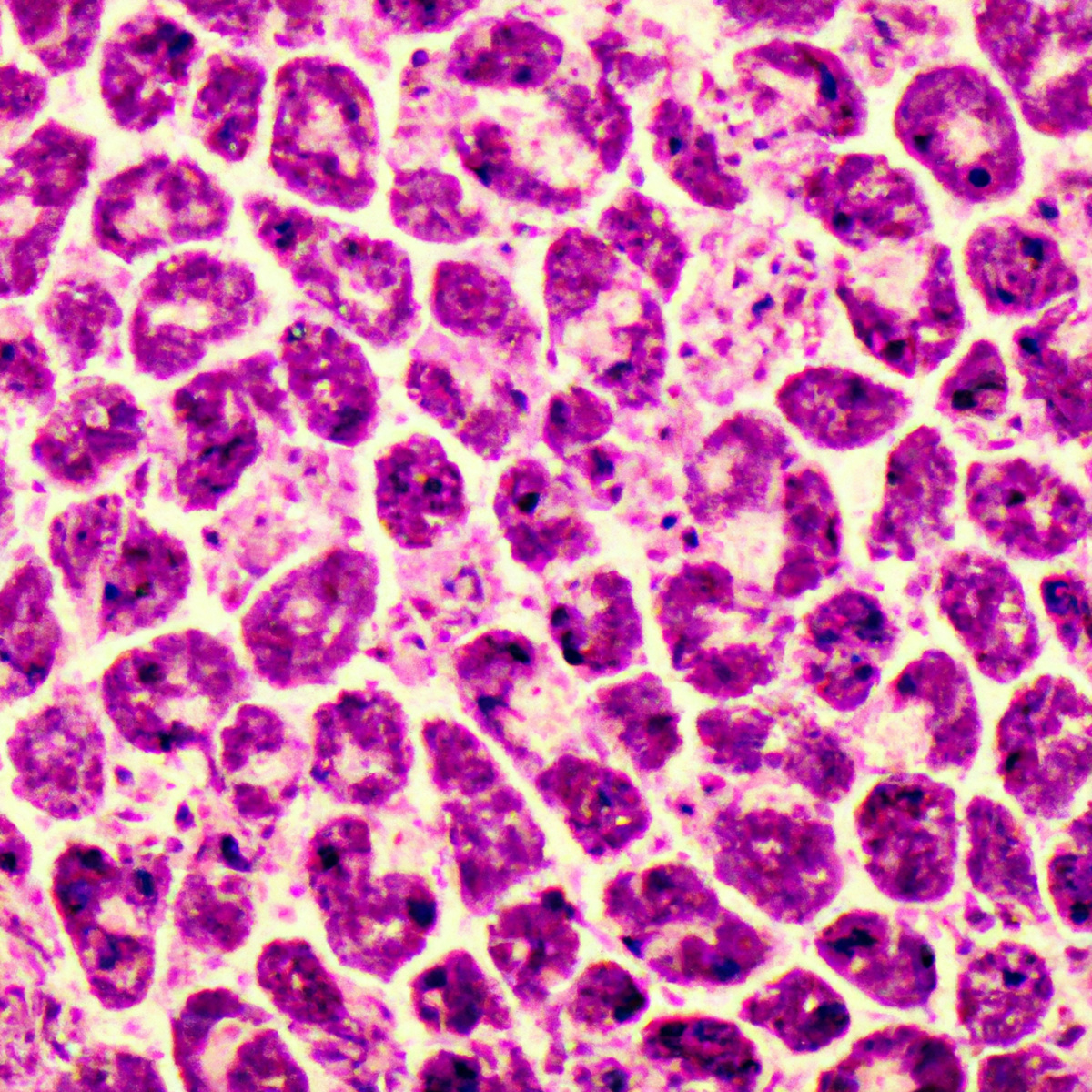 Close-up of vibrant pancreatic neuroendocrine tumor cells on a microscope slide surrounded by lab equipment - Pancreatic Neuroendocrine Tumors (PNETs)