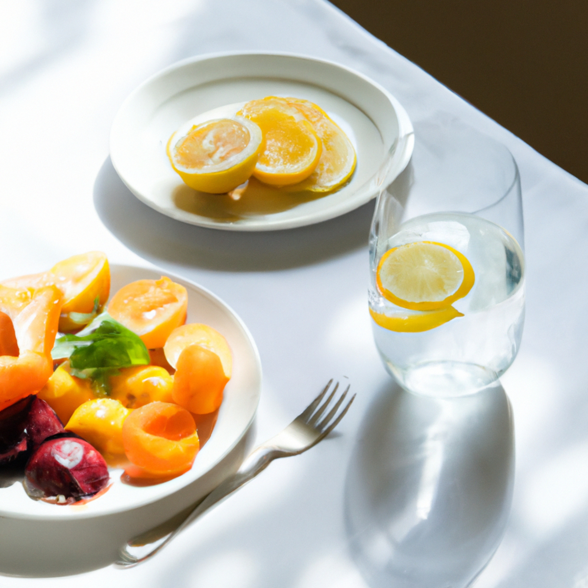 Healthy and balanced meal with fresh fruits, vegetables, and water on a pristine white tablecloth - Rumination syndrome