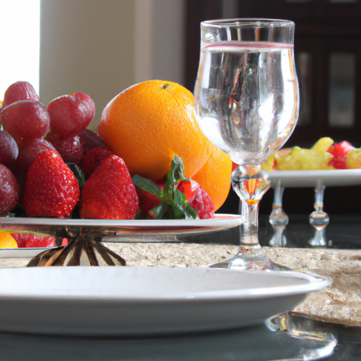 Close-up of elegantly set dining table with fresh fruits, water, and silverware, promoting balanced diet and hydration for Gastric antral vascular ectasia (GAVE).