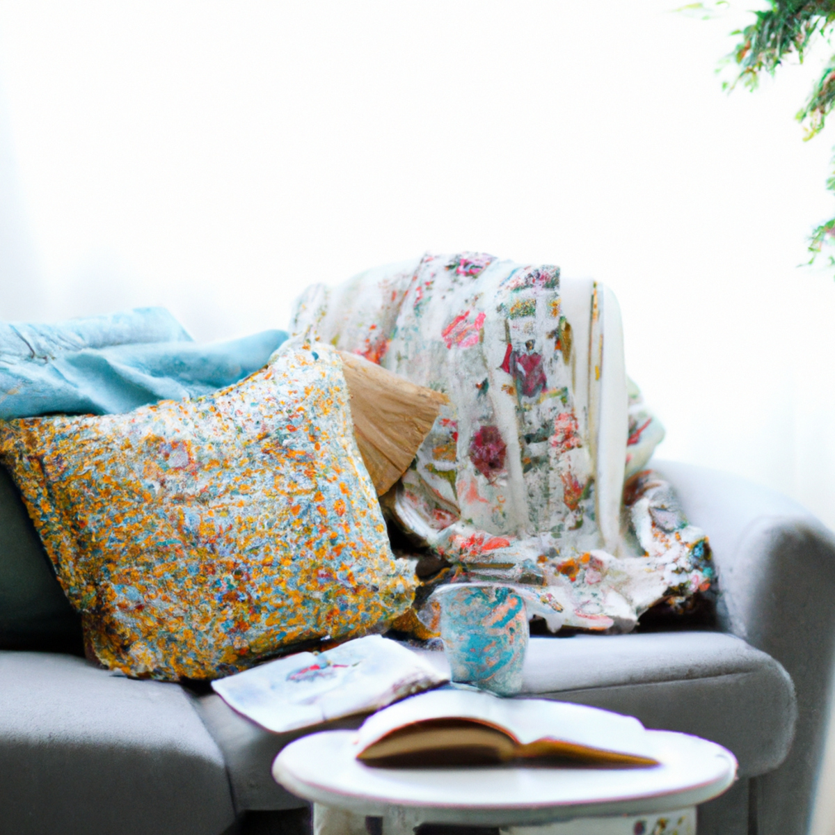Cozy living room with armchair, blanket, books, tea, and journal, promoting tranquility for managing Felty Syndrome.