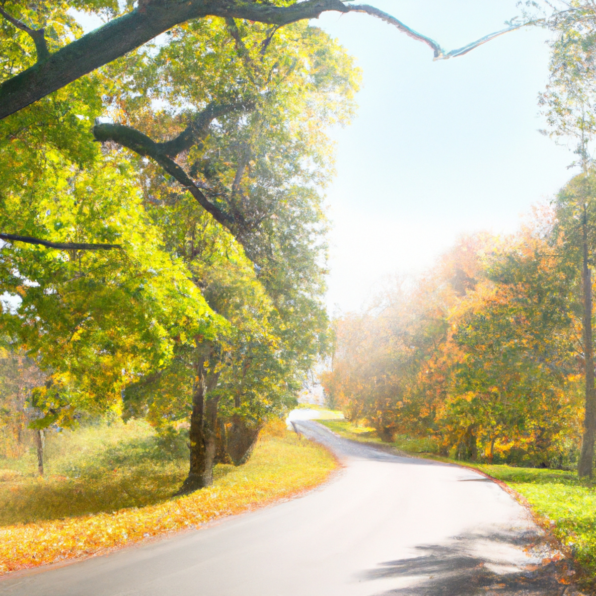 Serene countryside road with autumn leaves, symbolizing the challenging journey of living with Pancreatic Neuroendocrine Tumors (PNETs).