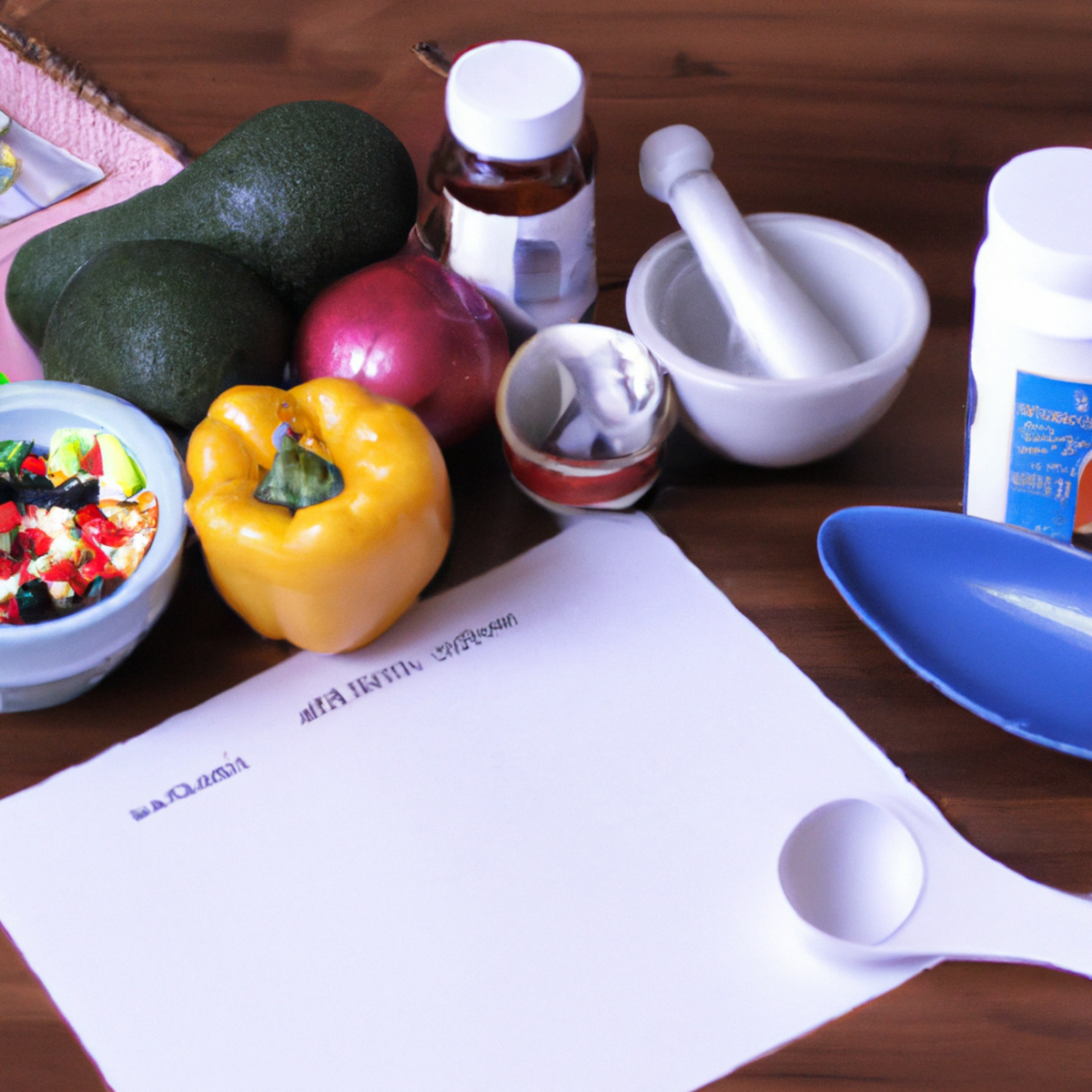 Organized kitchen counter with medication, pamphlets, notepad, blender, and water, representing support and strategies for Zollinger-Ellison Syndrome.