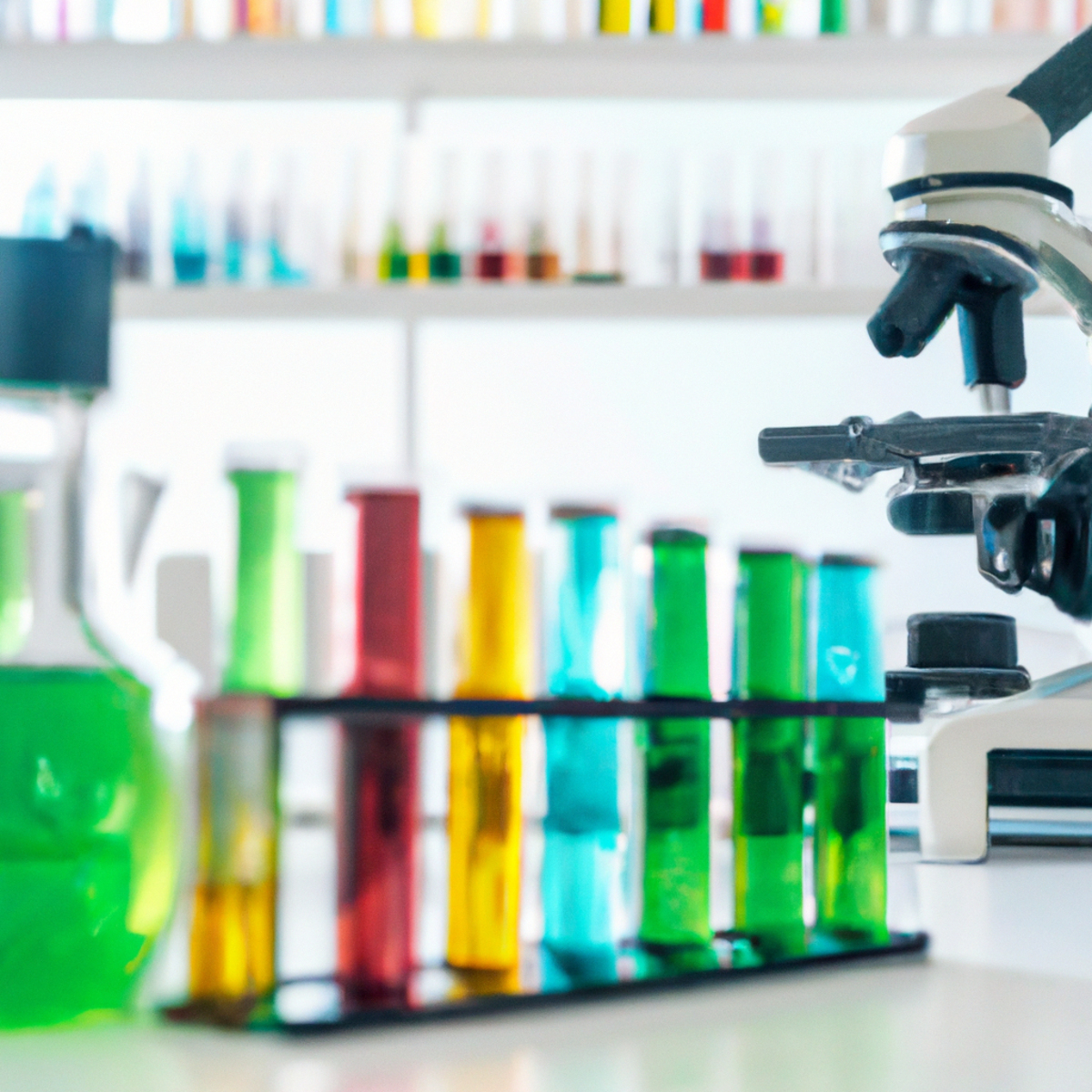 Scientific equipment and tools on a lab bench, showcasing meticulous research process and vibrant chemicals.
