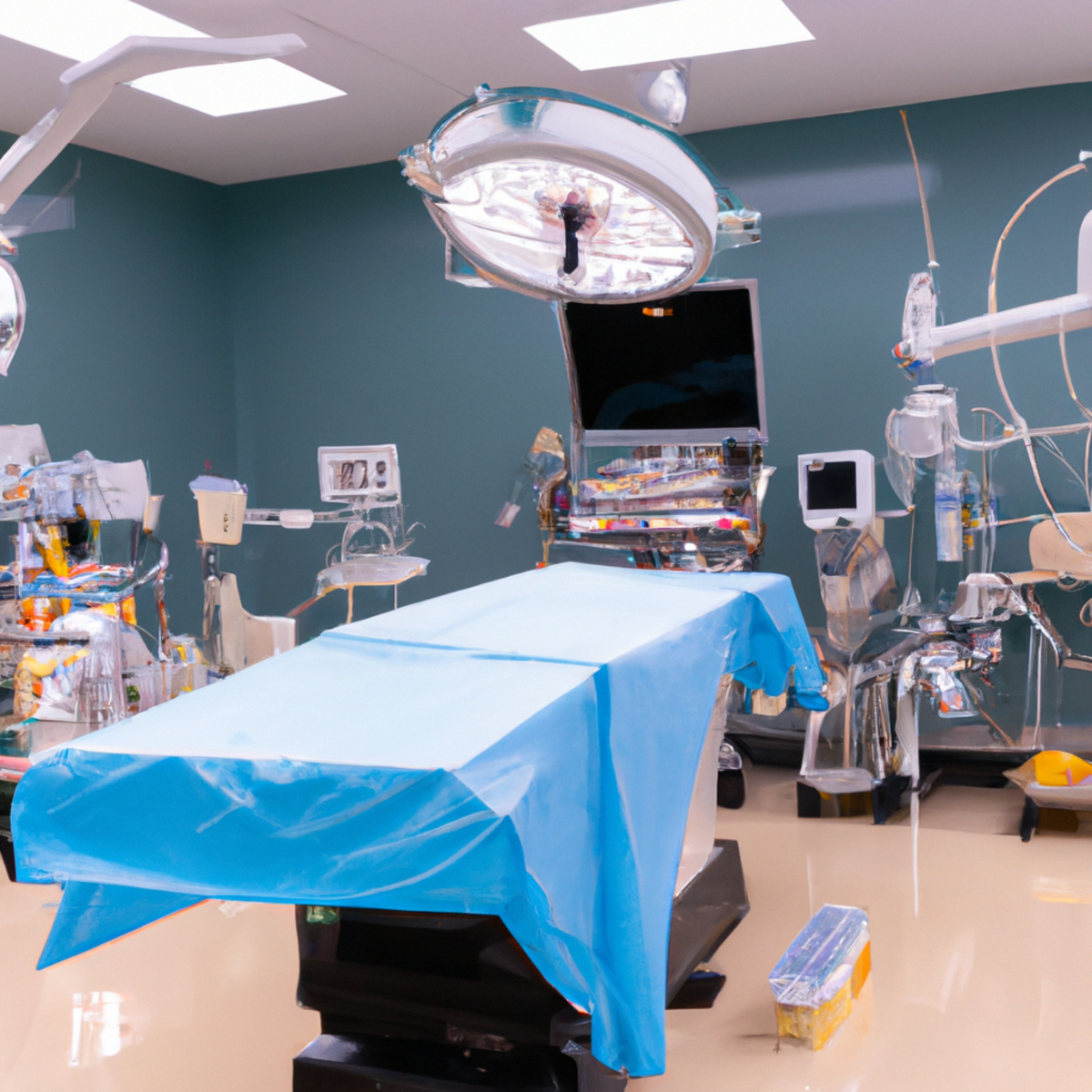 Hospital room with surgical table, instruments, and bright light, symbolizing medical procedures for gallbladder carcinoid tumor.