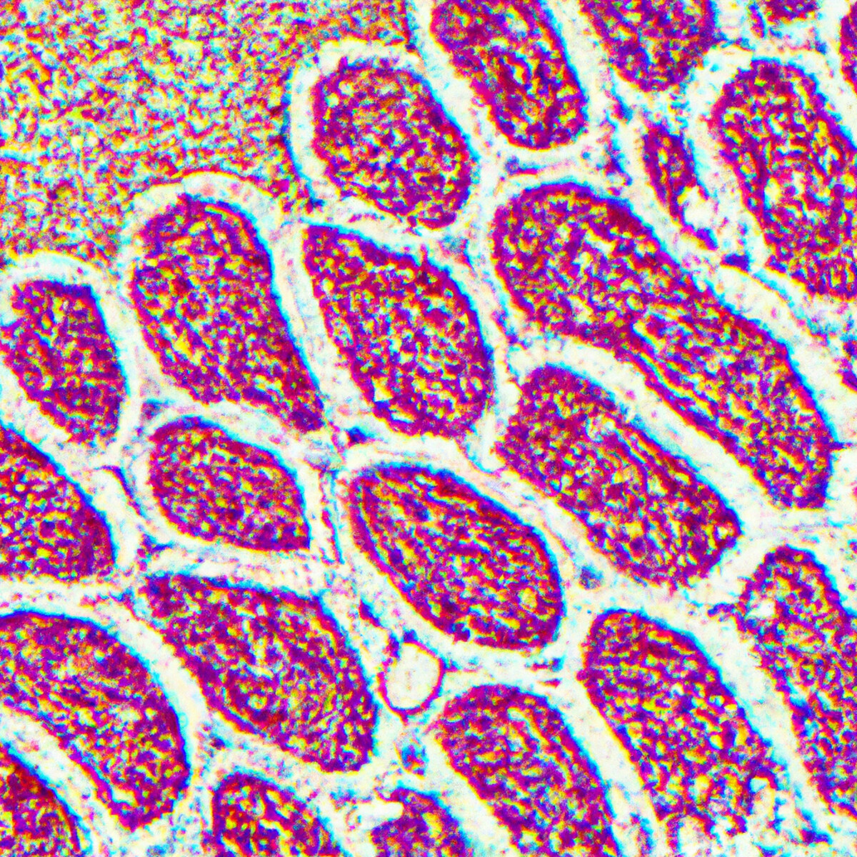 Vibrant close-up of collagen fibers forming dense network, showcasing collagenous gastritis's microscopic characteristics.