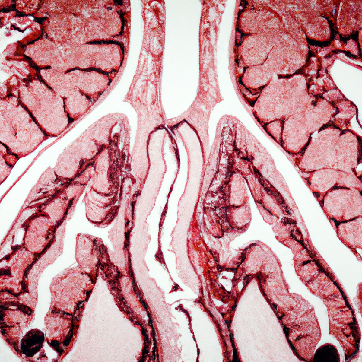 Close-up of human stomach with intricate network of blood vessels, showcasing red, linear patterns of Gastric Antral Vascular Ectasia (GAVE).
