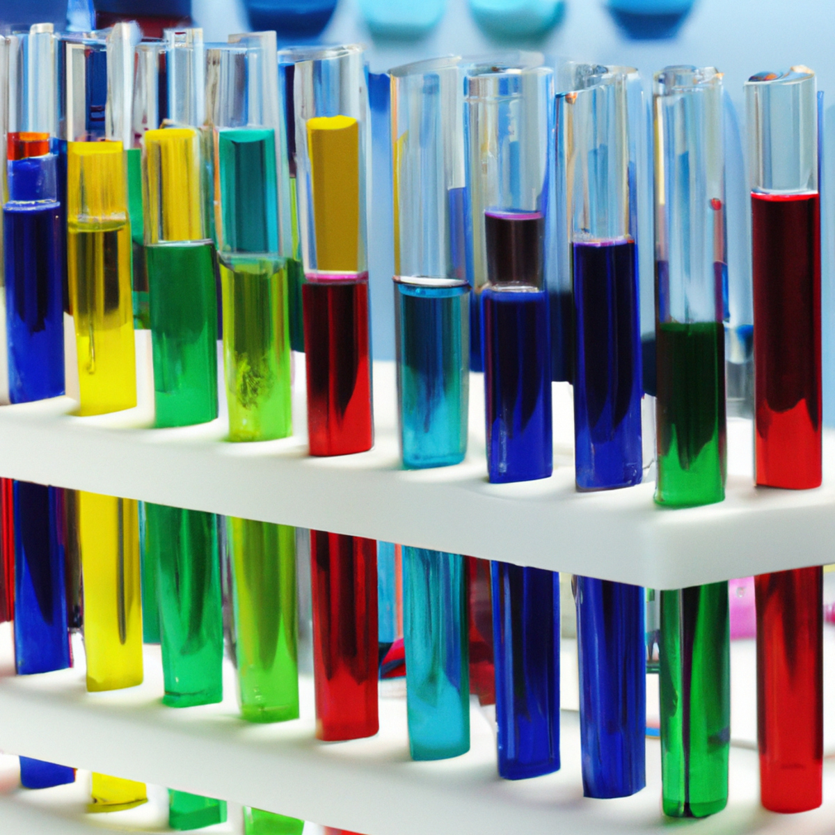 Close-up of test tube rack with colorful liquids, showcasing precision and attention to detail in understanding Zollinger-Ellison Syndrome.