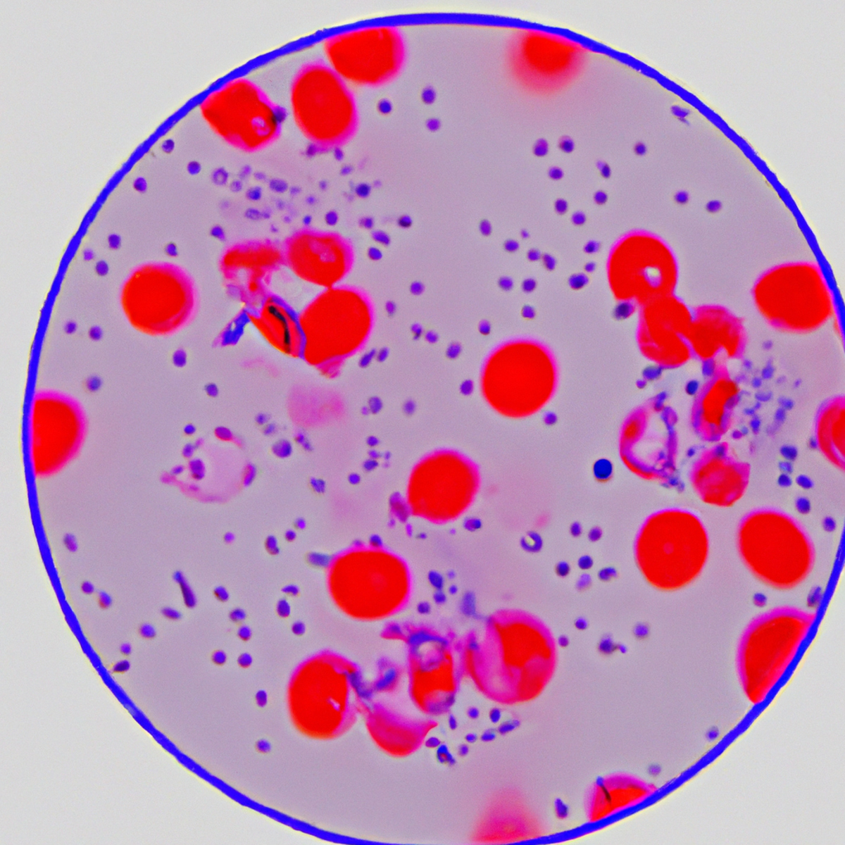 Close-up of platelets on microscope slide, showcasing unique structure and arrangement. Emphasizes role in ITP (Idiopathic Thrombocytopenic Purpura) and clotting.