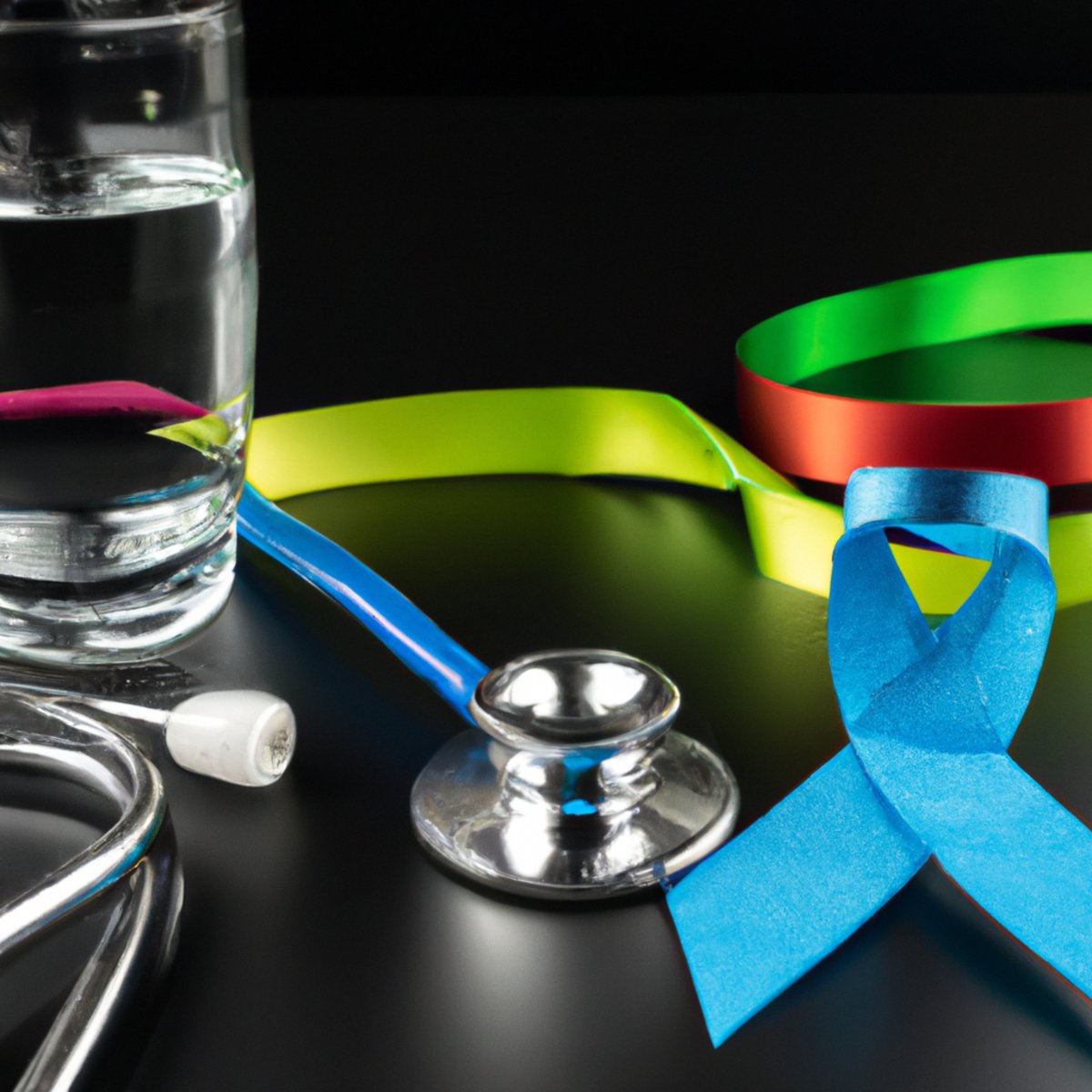 Colorful diabetes awareness ribbon intertwined with stethoscope, blood glucose meter, spirometer, glass of water, plate of healthy food, and puzzle piece - Cystic Fibrosis-Related Diabetes (CFRD)