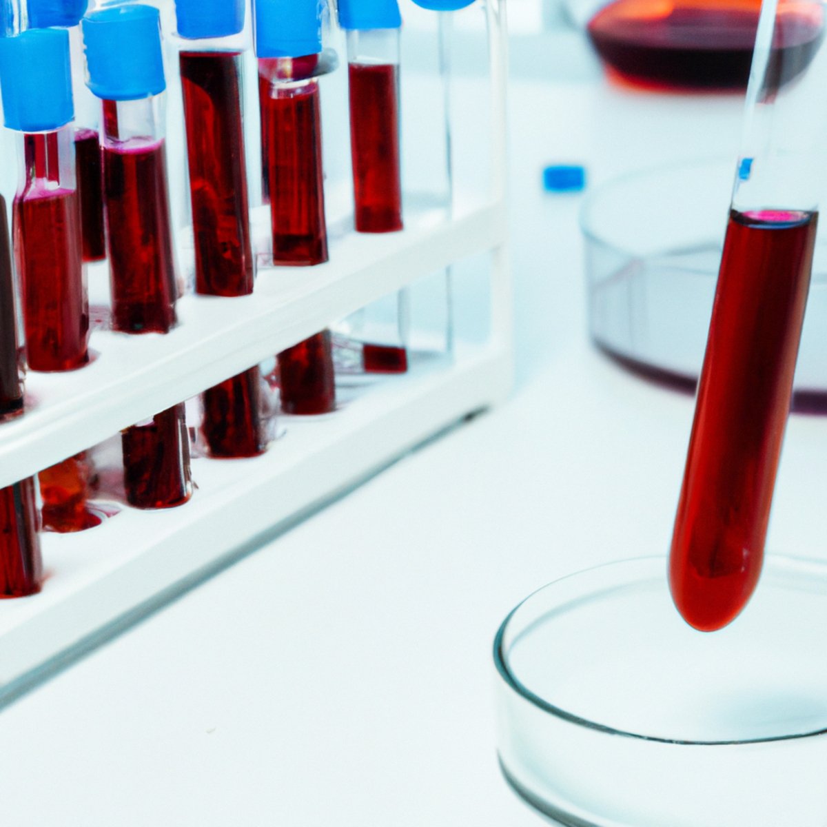 Close-up of red blood sample in test tube on lab bench, surrounded by scientific equipment, emphasizing its role in diagnosing medical conditions.
