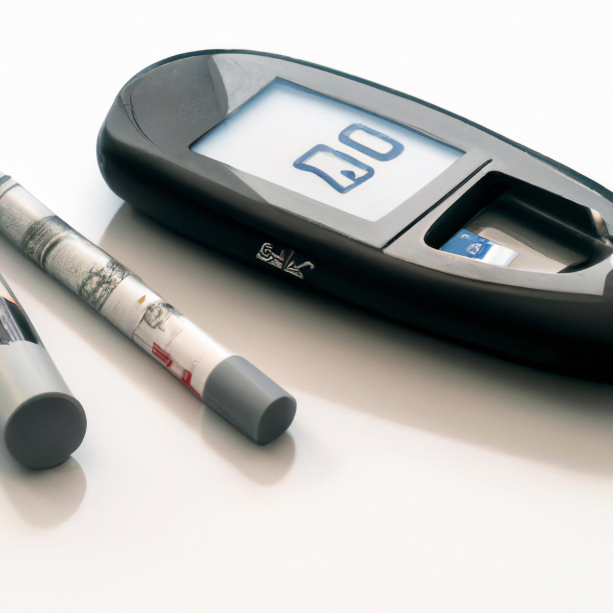 Close-up of sleek blood sugar monitor with insulin, syringe, and test strips, highlighting their role in managing diabetes and cystic fibrosis.