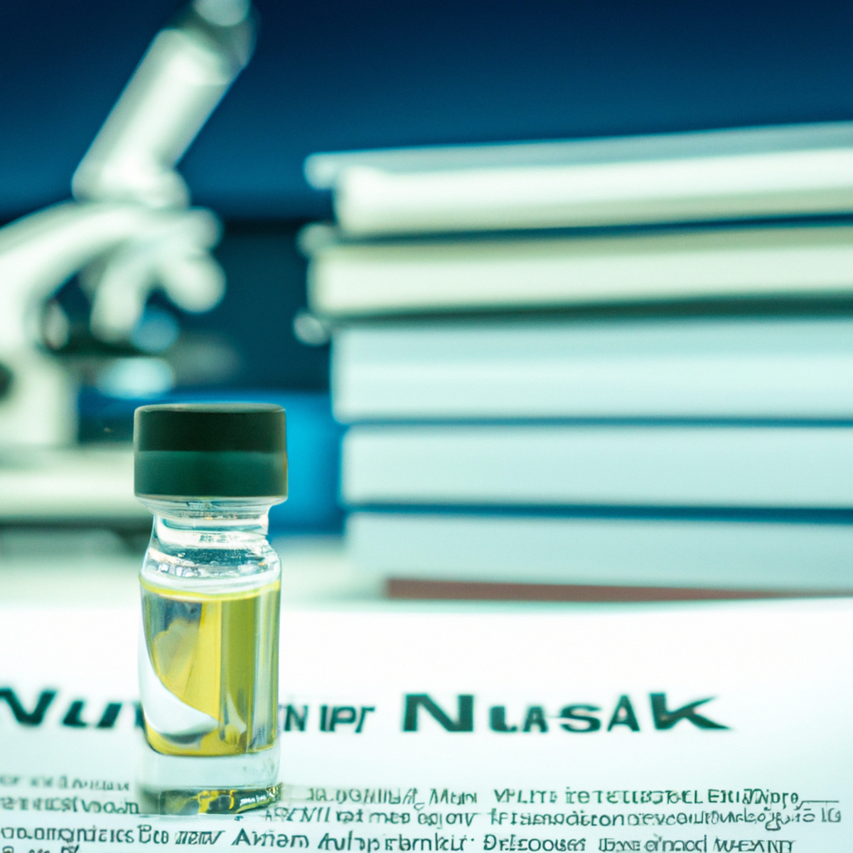 Close-up of glass vial with clear liquid, surrounded by research papers and microscope, symbolizing Niemann-Pick Disease research.