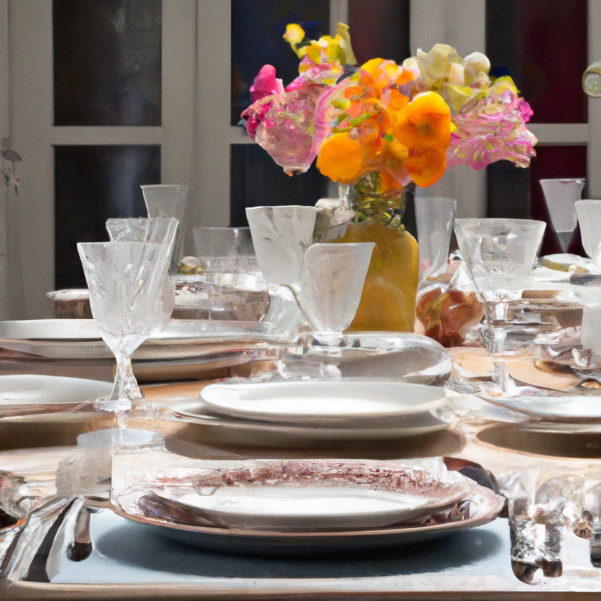Well-arranged dining table with elegant porcelain plates, silverware, crystal-clear glasses, and vibrant flowers