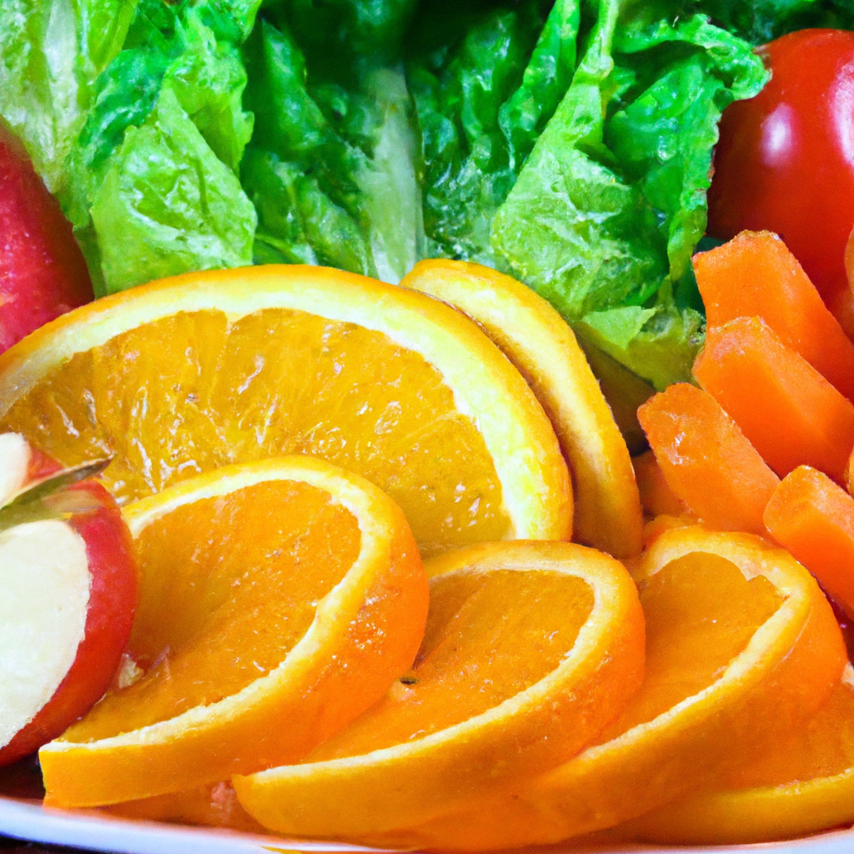 Vibrant plate of fruits and vegetables promoting a balanced diet for individuals with Cystic Fibrosis-Related Diabetes (CFRD).