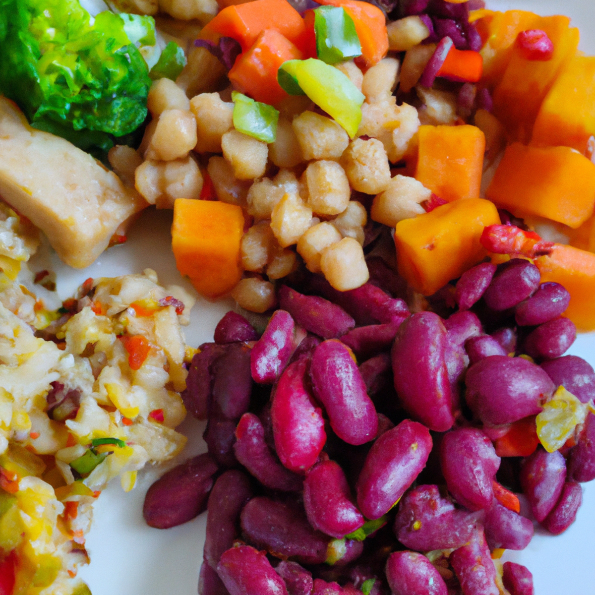 Colorful and nutritious gluten-free plate with fresh vegetables, fruits, grains, and legumes, promoting a balanced diet for eosinophilic gastroenteritis.