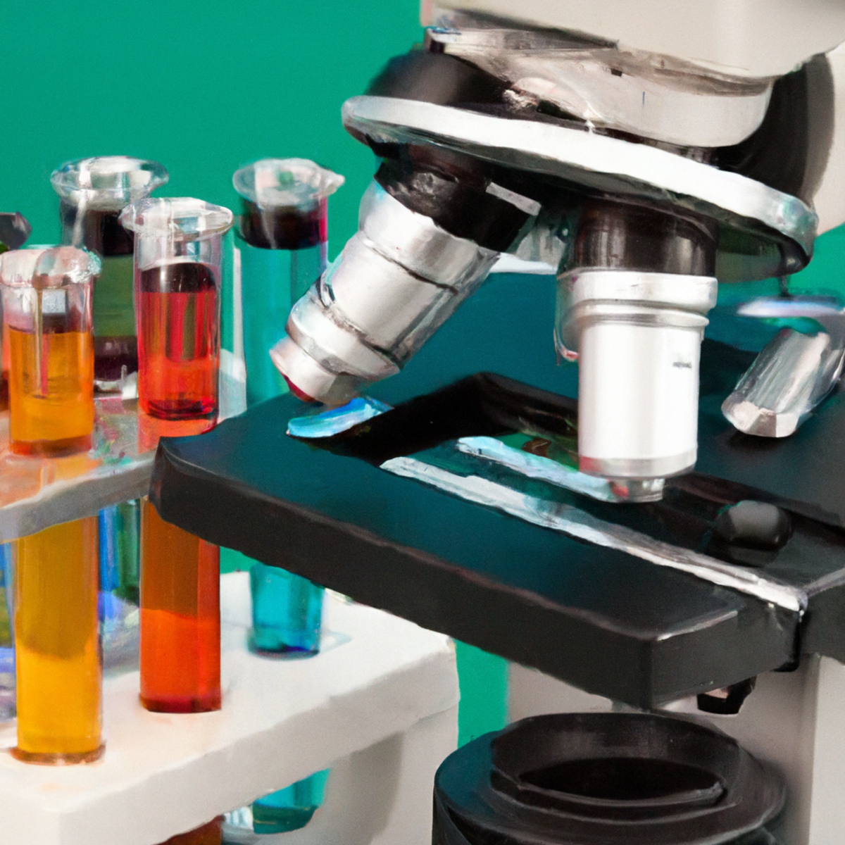Scientific lab setup with microscope, instruments, and colorful substances, reflecting meticulous research on Zollinger-Ellison Syndrome.
