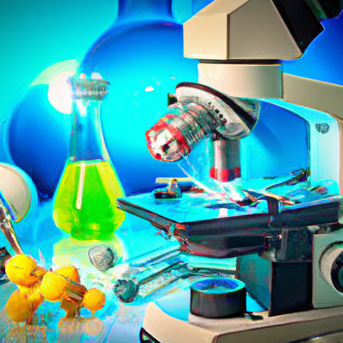 Vibrant lab scene with microscope and scientific tools, representing groundbreaking research progress in Menetrier's Disease.