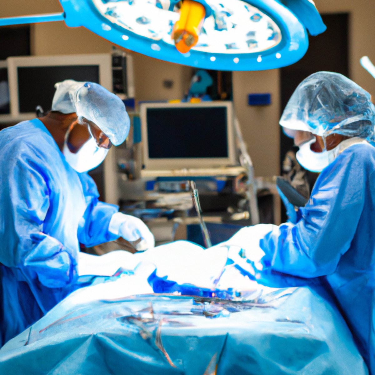 Surgical setting with medical professionals, equipment, and tools, preparing for annular pancreas surgery.