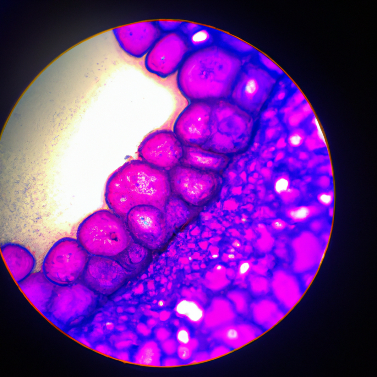 Close-up view of Gastrointestinal stromal tumor (GIST) tissue sample under microscope, revealing vibrant colors and irregular cell shapes.