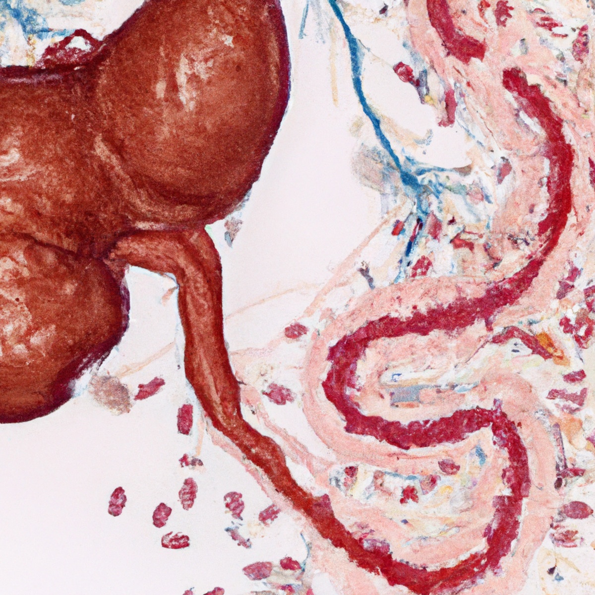 Close-up photo of annular pancreas specimen, revealing intricate ducts, blood vessels, and abnormalities.