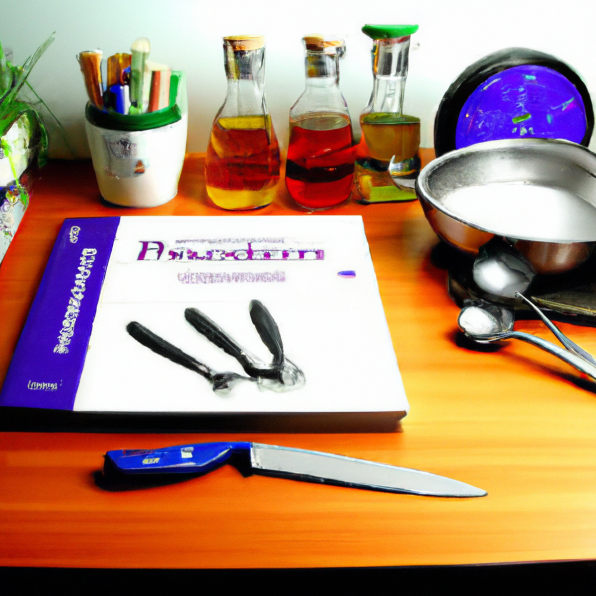 Well-organized kitchen counter with utensils, cookbook, and recipe page, representing coping strategies for living with Annular Pancreas.