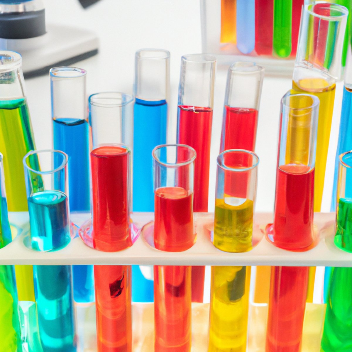 Colorful test tubes on lab bench surrounded by scientific equipment, symbolizing complexity of Gaucher Disease management.
