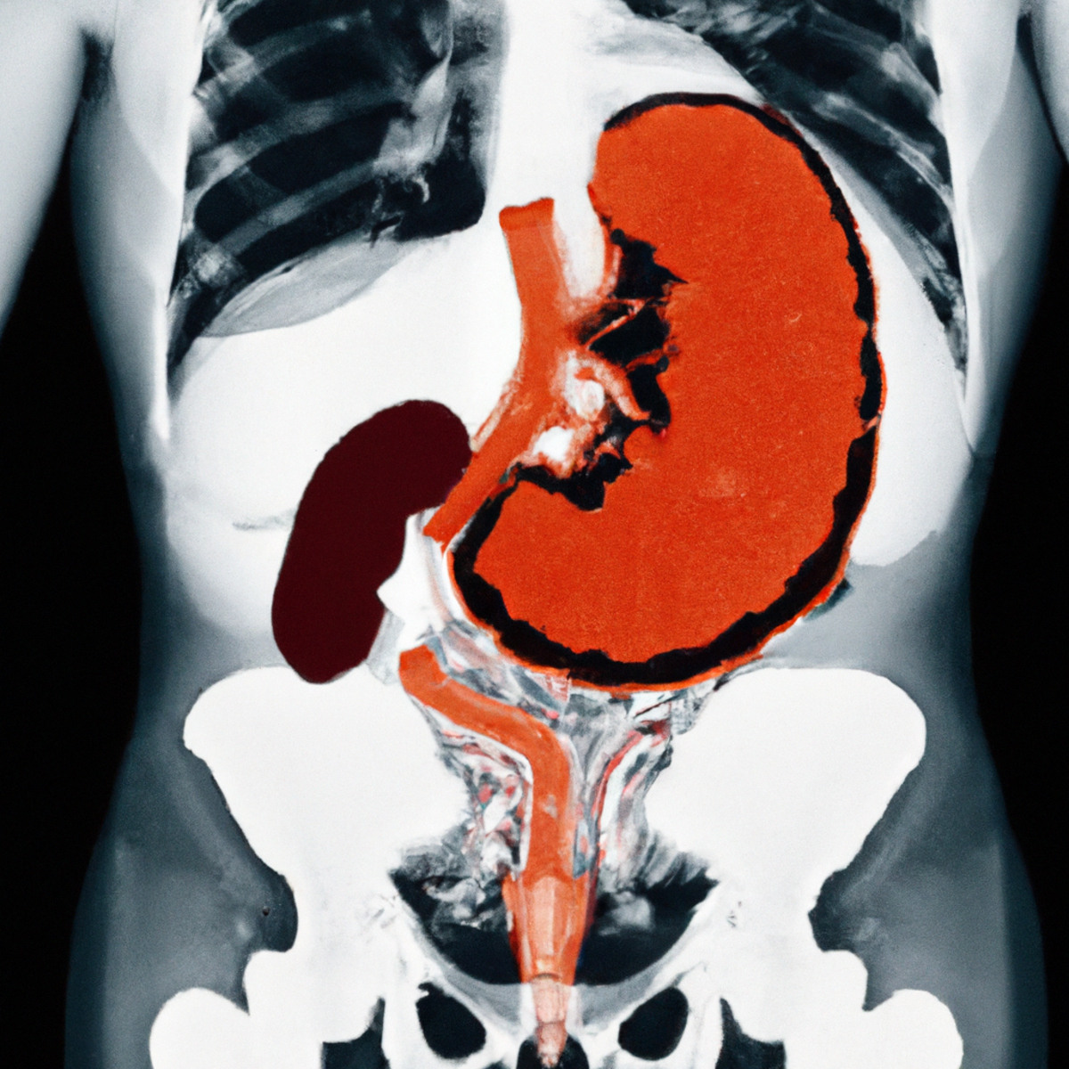 Close-up of healthy pancreas with medical instruments, representing Annular Pancreas anomaly. No references to children.
