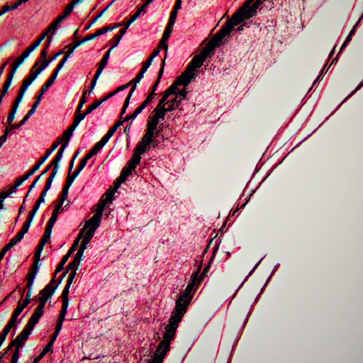 Vibrant collagen fibers form mesmerizing artwork on microscope slide, inviting curiosity into collagenous gastritis.