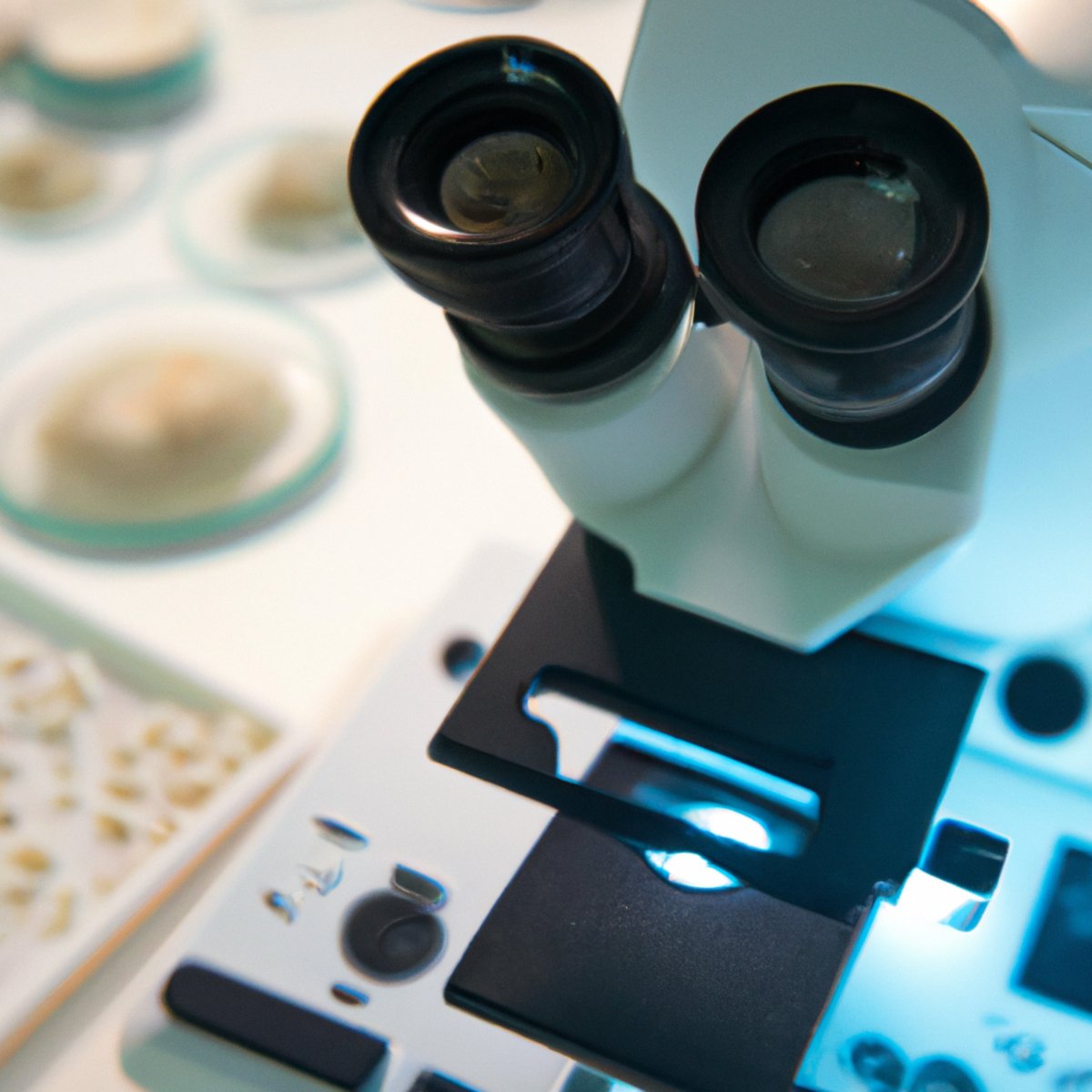 Close-up of white microscope focused on schistosome eggs, surrounded by scientific instruments, emphasizing research on schistosomiasis.